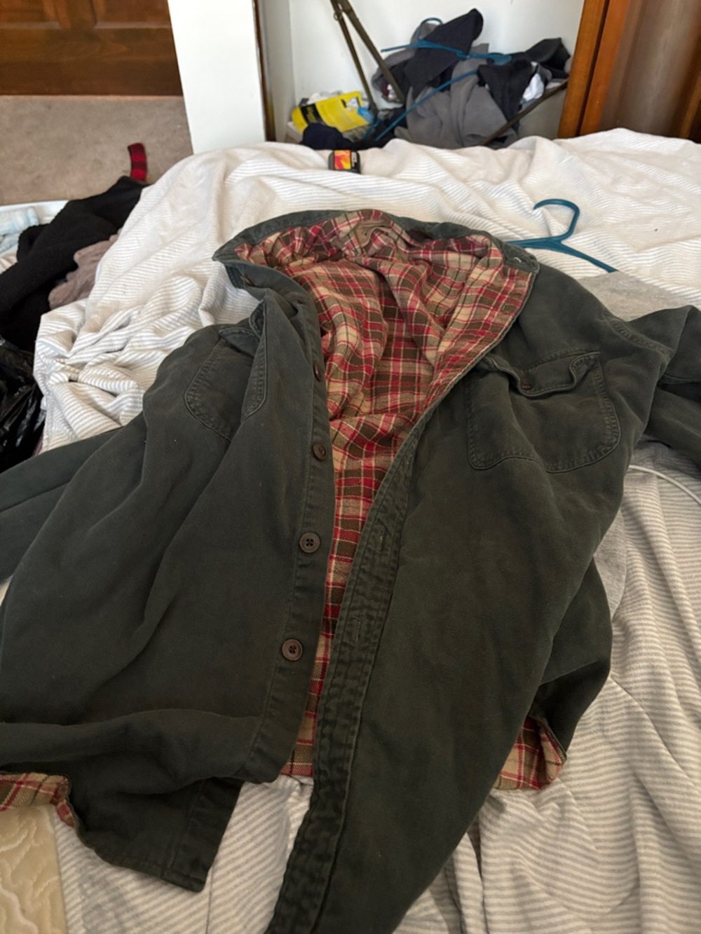 St. John's Bay Olive Green Button-Up Jacket with Red Plaid Lining